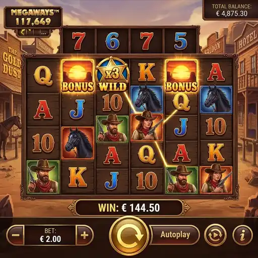 Wild West Gold Megaways slot 6 reel variable grid 117649 ways cascading wins western theme multiplier wilds