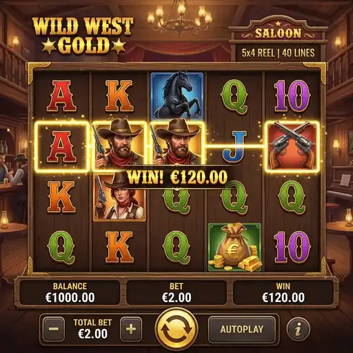 Wild West Gold slot 5x4 grid with western sheriff and outlaw theme sticky multiplier wilds 2x 3x 5x on desert backdrop