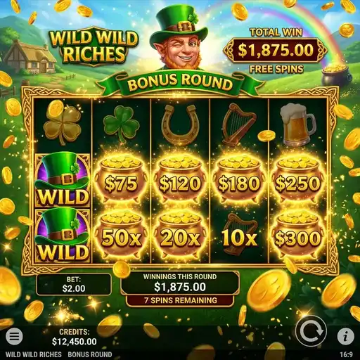 Wild Wild Riches leprechaun collect symbol on reel 5 sweeping money values pot of gold rainbow