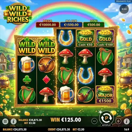 Wild Wild Riches slot 5 reel variable height 576 ways Irish leprechaun money collect high RTP