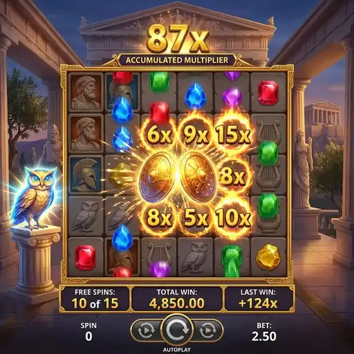 Wisdom of Athena free spins with positional multiplier symbols on the game grid