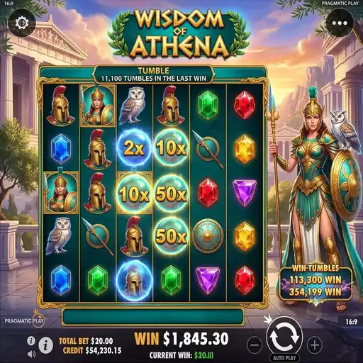 Wisdom of Athena slot 6x5 grid with Greek temple backdrop and olive gold color scheme