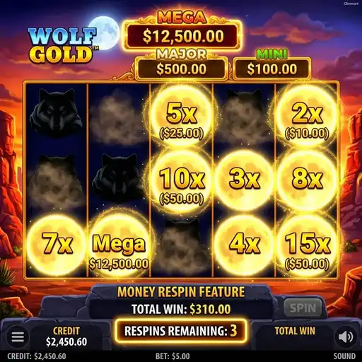Wolf Gold slot Money Respin feature with moon symbols and jackpot tiers