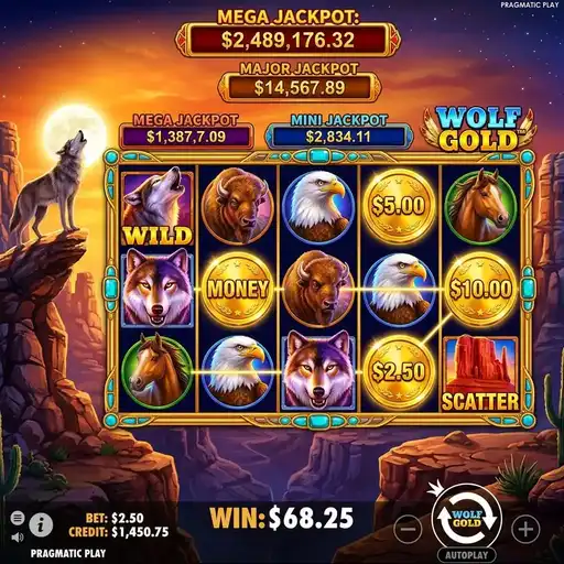 Wolf Gold slot desert canyon theme with wolf and wildlife symbols