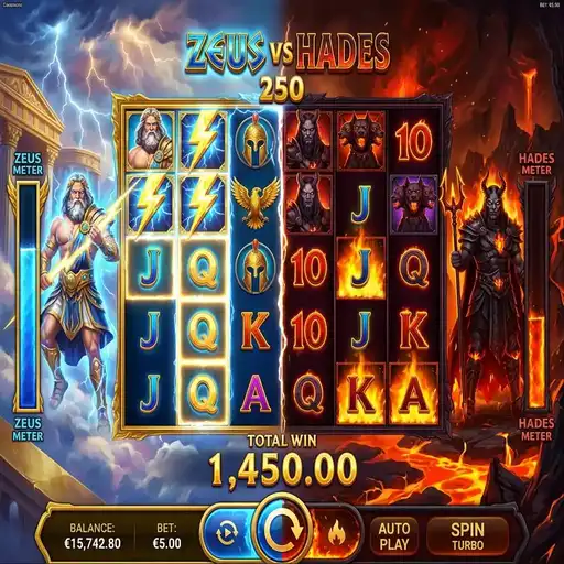 Zeus vs Hades 250 slot extreme volatility 6x5 grid with 250x multiplier orbs