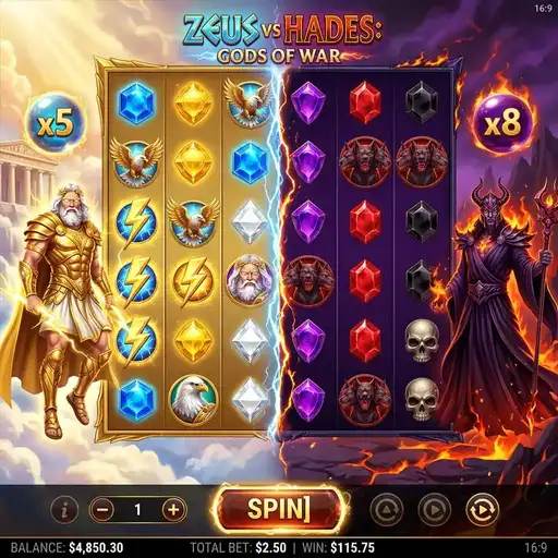 Zeus vs Hades Gods of War slot dual zone 6x5 grid with light and dark zones