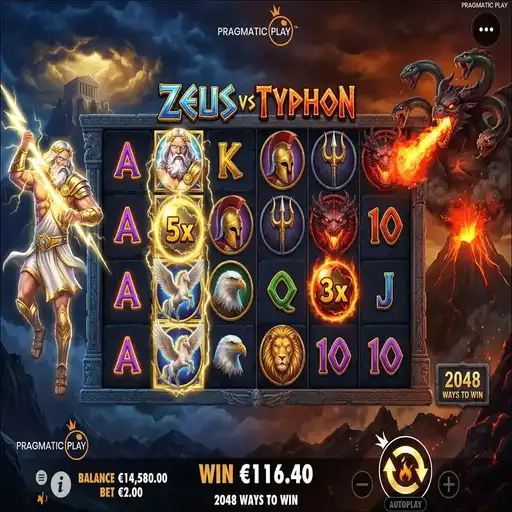 Zeus vs Typhon slot 6x4 grid with dual god figures and 2048 ways mechanic