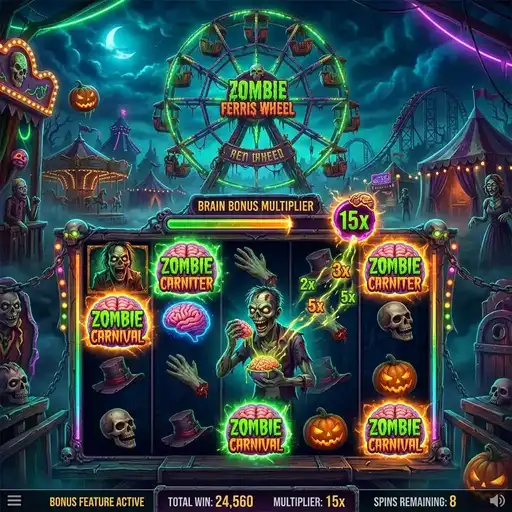 Zombie Carnival free spins with rotating attraction modifiers from all four characters