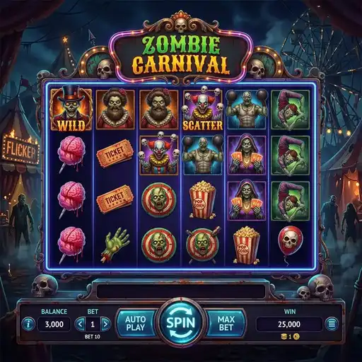 Zombie Carnival slot with zombie carnival characters and random attraction modifiers
